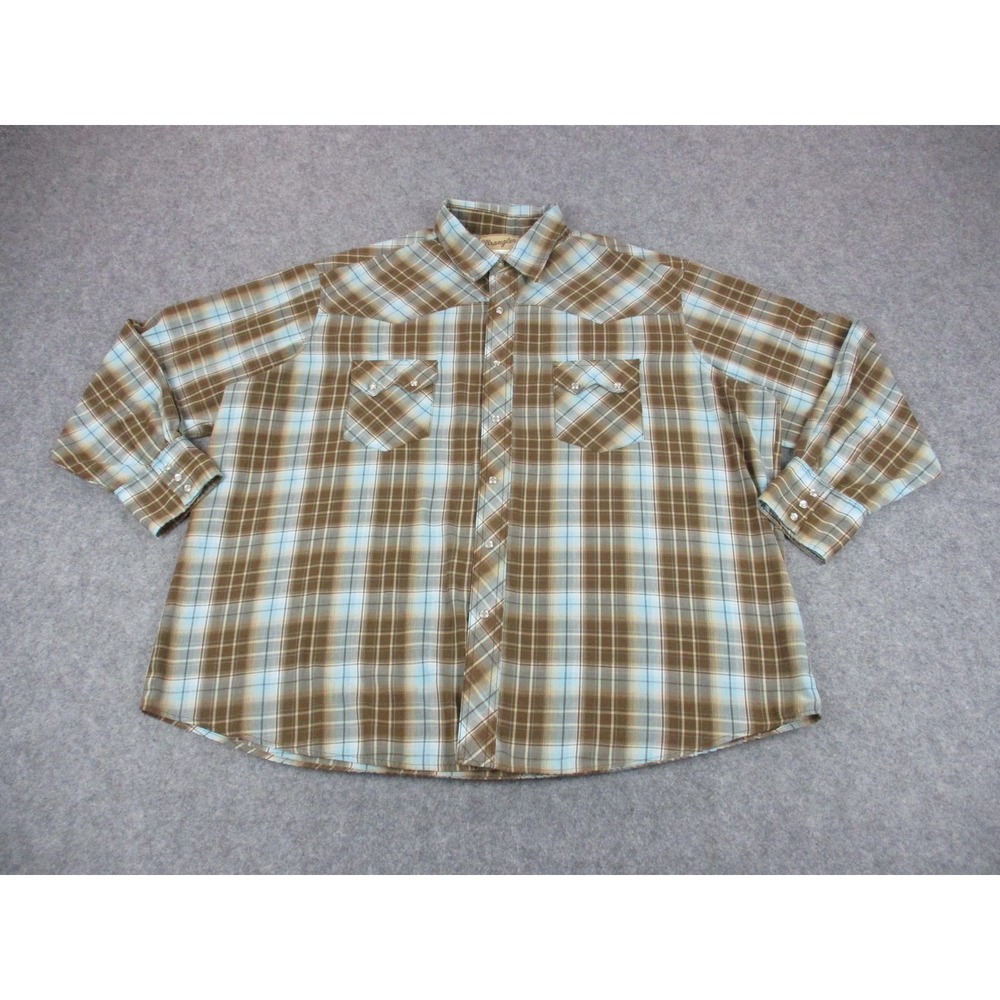 Wrangler Shirt Mens 2XL XXL Big Brown Blue Pearl Snap Plaid Sawtooth Western
